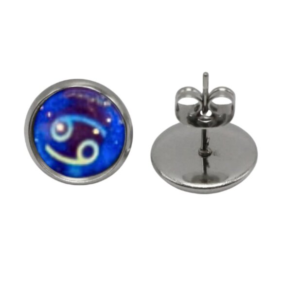 BLUE-PURPLE CANCER SIGN ZODIAC CABOCHON EARRINGS - Picture 3 of 4